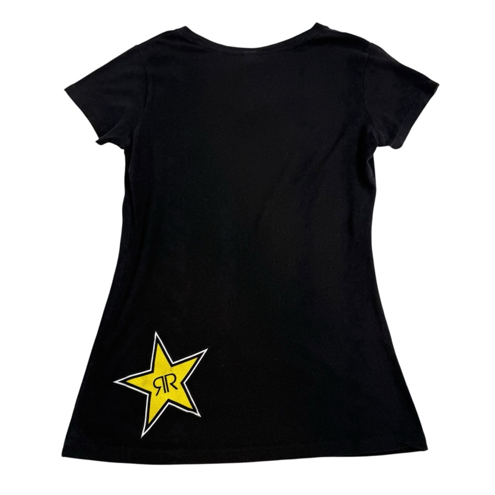 Rockstar Energy Womans Sz LG Black Graphic Print Short Sleeve T Shirt V Neck Y2K - Picture 2 of 9